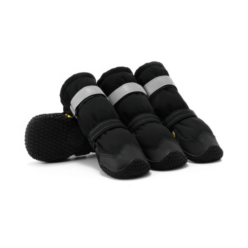 Stretch Fabric Dog Boots Stealth Black Overview Stretch fabric dog boots in stealth black featuring dual adjustment velcro straps and high grip diamond outsoles.