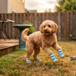 Happy doodle mid-stride on grass next to a wooden deck wearing turquoise blue summer dog shoes for hot pavement defense.