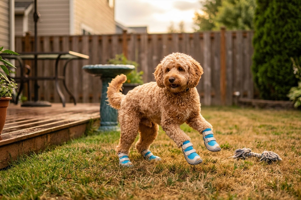 Happy doodle mid-stride on grass next to a wooden deck wearing turquoise blue summer dog shoes for hot pavement defense.