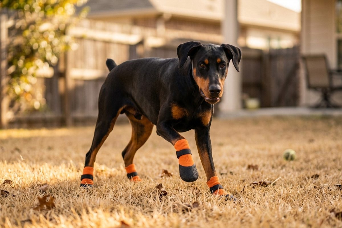 A Doberman walking on dry lawn wearing tangerine orange summer paw protectors for hot pavement.
