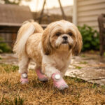 A small tan and white Shih Tzu dog walking through damp backyard grass wearing blush pink summer walking dog shoes.