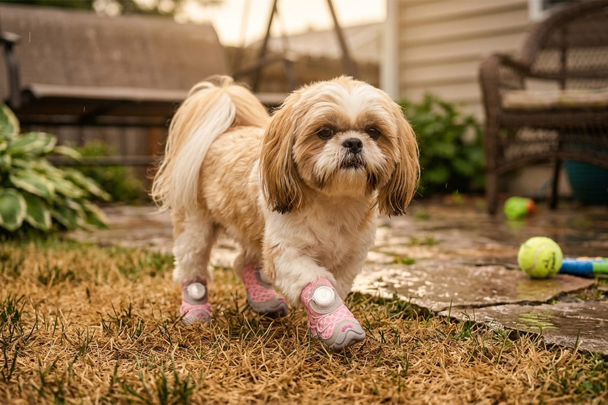 A small tan and white Shih Tzu dog walking through damp backyard grass wearing blush pink summer walking dog shoes.