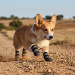 Pembroke Welsh Corgi sprinting fast on a gravel path wearing striped silver gray textured sole dog booties.