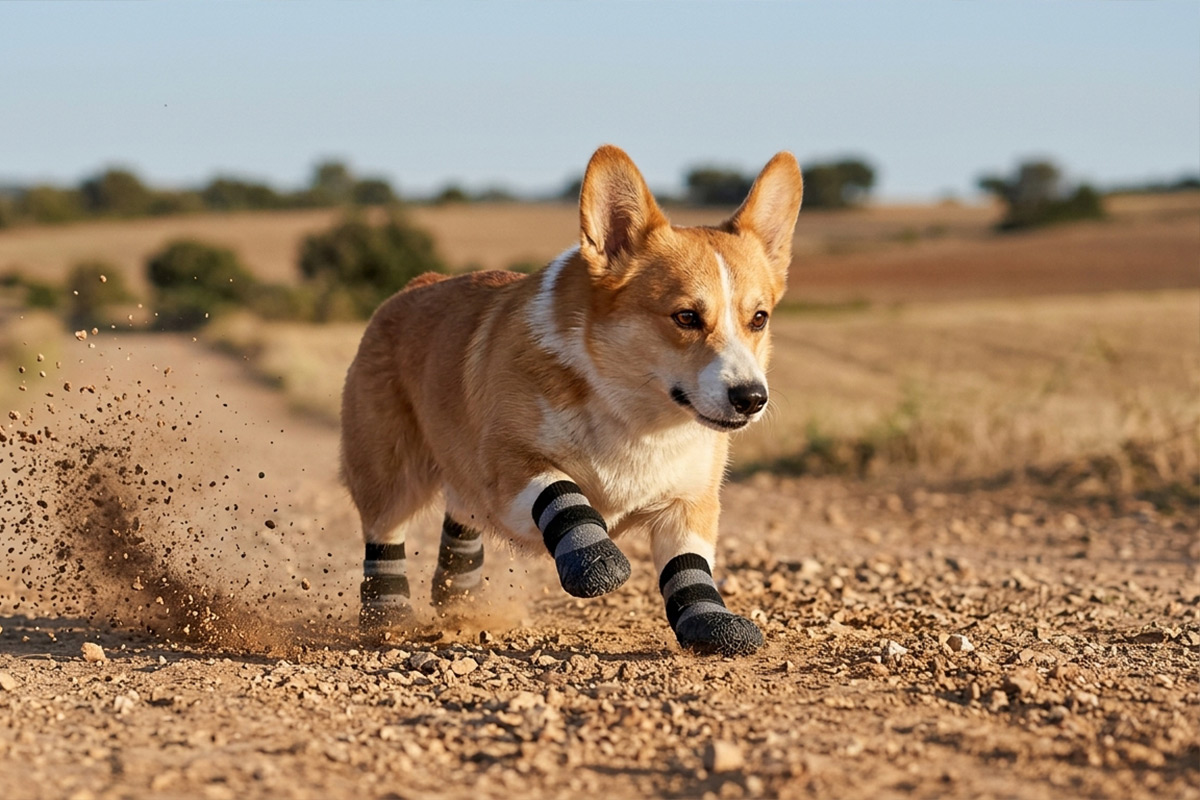 Pembroke Welsh Corgi sprinting fast on a gravel path wearing striped silver gray textured sole dog booties.