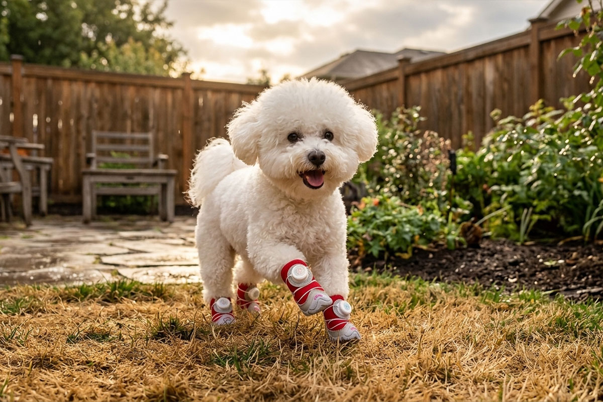 A small white Bichon Frise dog running dynamically on a brick patio wearing crimson red thermal fleece cozy dog shoes.