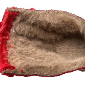 Top-down look inside a crimson red thermal fleece cozy dog shoe highlighting the thick brown fleece lining material.