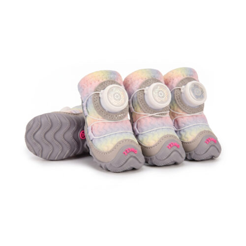 Unicorn pink dazzling dial-fit dog shoes displaying rainbow pastel canvas uppers, grey mudguards, and white wire dials.
