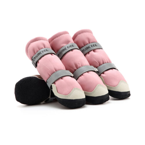 Water-resistant dog boots in blush pink featuring four high-shaft booties with secure anti-slip black latex soles.