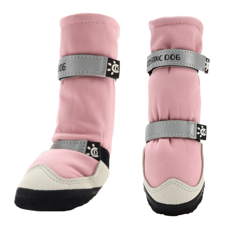 Water-Resistant Dog Boots Dual Strap Detail High-shaft water-resistant dog boots in blush pink displaying the dual hook-and-loop strap adjustment layout.