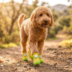 An apricot Goldendoodle dog trotting down a sun-dappled dirt path wearing lemon yellow water-resistant dog shoes.