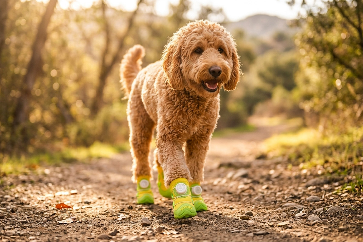 An apricot Goldendoodle dog trotting down a sun-dappled dirt path wearing lemon yellow water-resistant dog shoes.