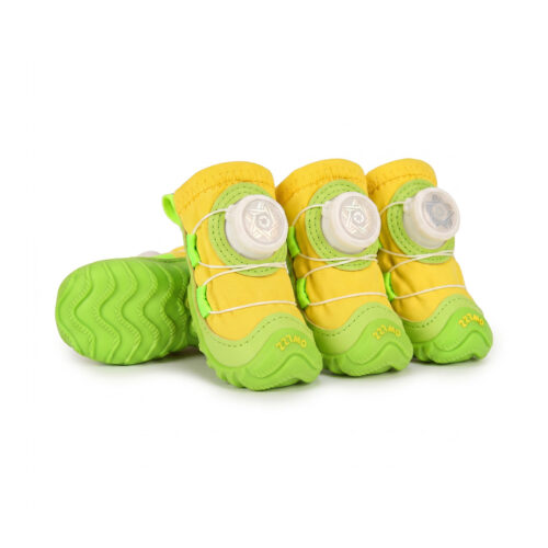 Lemon yellow water-resistant dog shoes displaying bright yellow uppers, light green mudguards, and white wire closure dials.