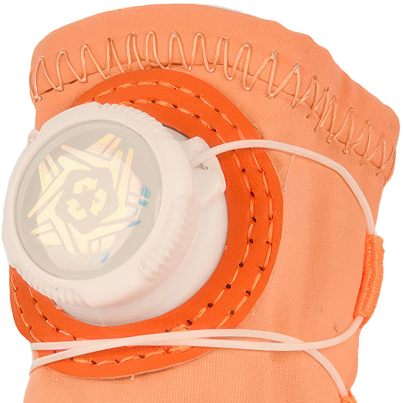 Macro view focusing on the white rotating wire dial and clean parallel needle stitching lines on an orange boot upper.
