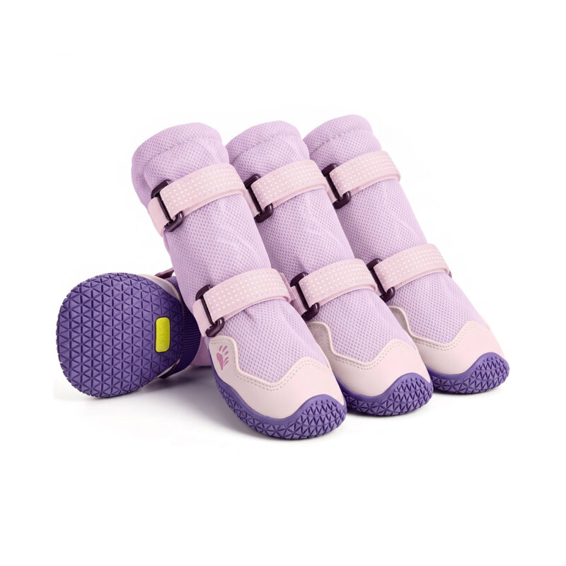 Water-resistant hiking dog boots in taro purple showcasing a 2.5mm nine-hole thick mesh canopy and purple soles.