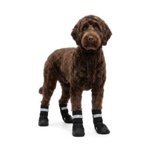 Water-Resistant Large Dog Boots On Labradoodle Labradoodle standing upright in stealth black water-resistant large dog boots with heavy-duty rubber traction outsoles.