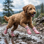 Active Labradoodle running over rough gravel trail wearing blush pink water-resistant large dog boots.