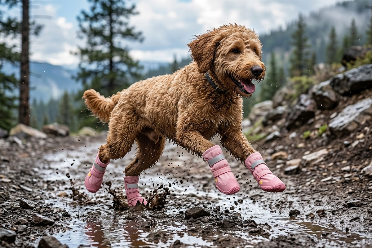 Active Labradoodle running over rough gravel trail wearing blush pink water-resistant large dog boots.