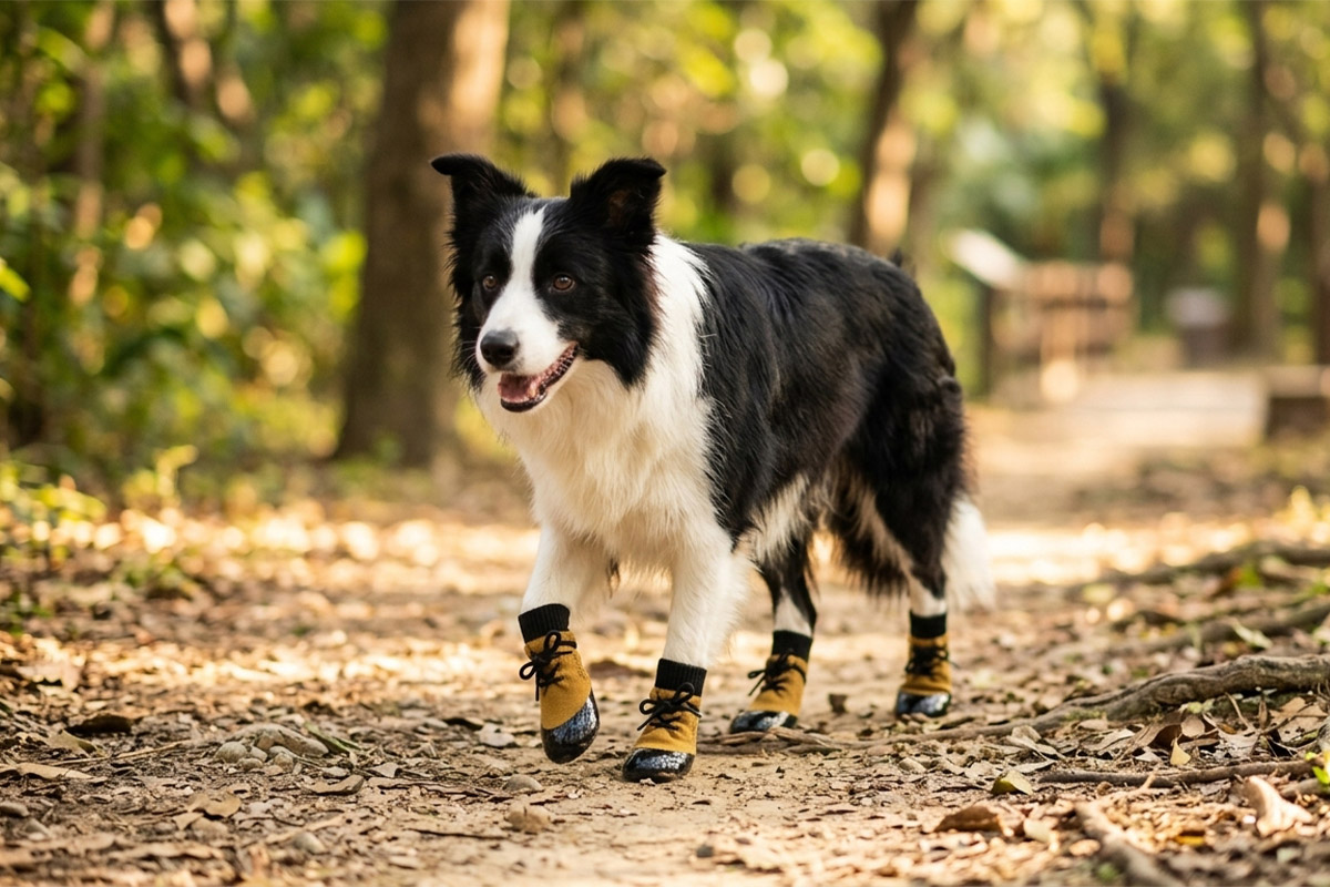 A border collie walking on a dry forest dirt path wearing camel tan waterproof lace-up dog socks.