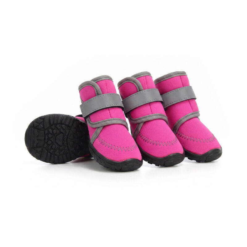 Waterproof Neoprene Dog Boots Fuchsia Pink Overview Waterproof neoprene dog boots in fuchsia pink showing an all-weather protective chassis and gray adjustment straps.