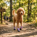 A light brown poodle running along a wooded hiking trail wearing taro purple waterproof outdoor dog socks.
