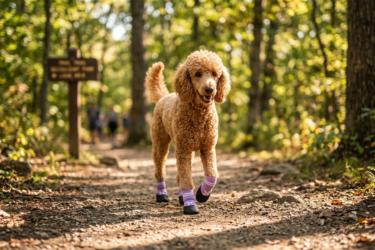 A light brown poodle running along a wooded hiking trail wearing taro purple waterproof outdoor dog socks.
