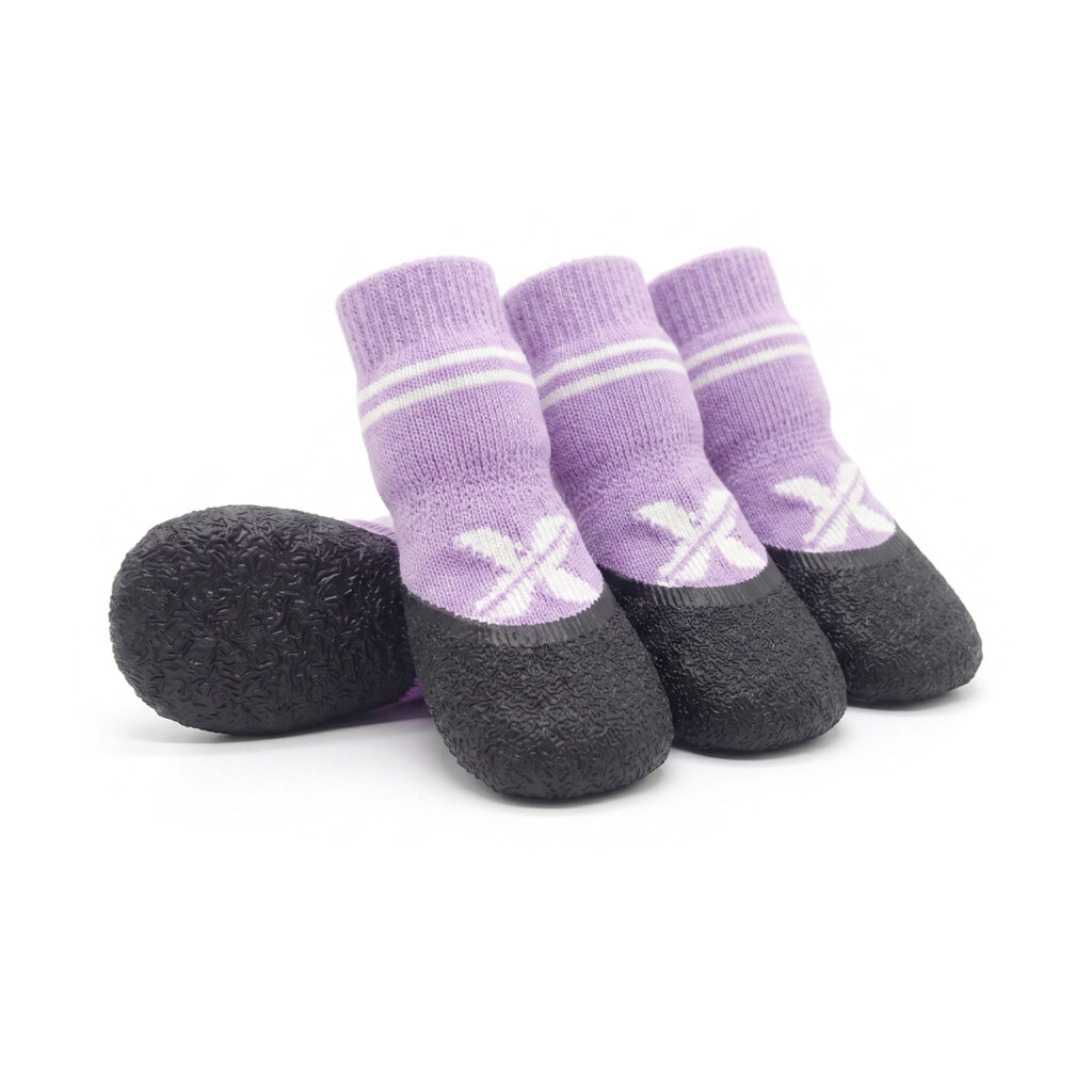 Taro purple waterproof outdoor dog socks displaying a textured black crinkle sole and comfortable rib-knit upper.