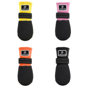 Dog Socks with Straps Color Palette Four available colors of anti-slip socks for active dogs including yellow, pink, orange, and black.
