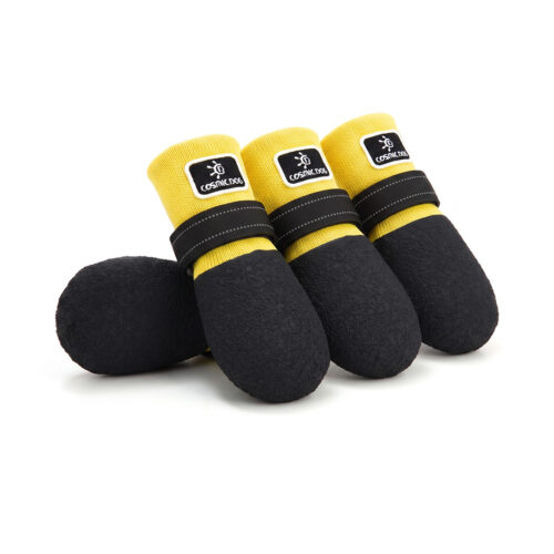 Stay-On Dog Socks in Lemon Yellow Lemon yellow waterproof rubber sole dog socks with adjustable straps for active dogs.
