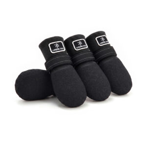 All-Black Waterproof Dog Booties Stealth black breathable knit dog booties with high-top flexible latex protection.