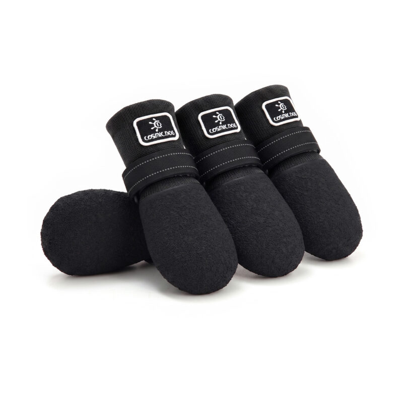 All-Black Waterproof Dog Booties Stealth black breathable knit dog booties with high-top flexible latex protection.