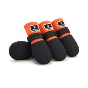 Secure Fit Dog Booties Orange Tangerine orange dog socks with straps that stay on through outdoor running.