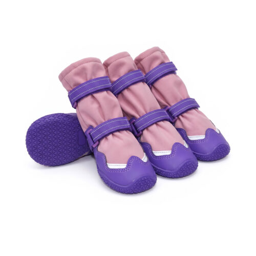 Waterproof snow dog boots in pink and purple featuring four structured winter booties with heavy-duty anti-slip rubber soles.