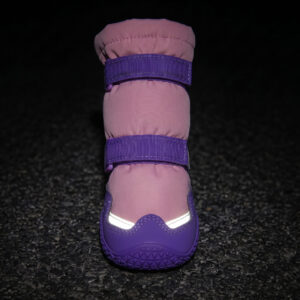 Waterproof Snow Dog Boots Night Safety Reflection Waterproof snow dog boots in pink and purple displaying the high-visibility retroreflective toe stripe under night light.