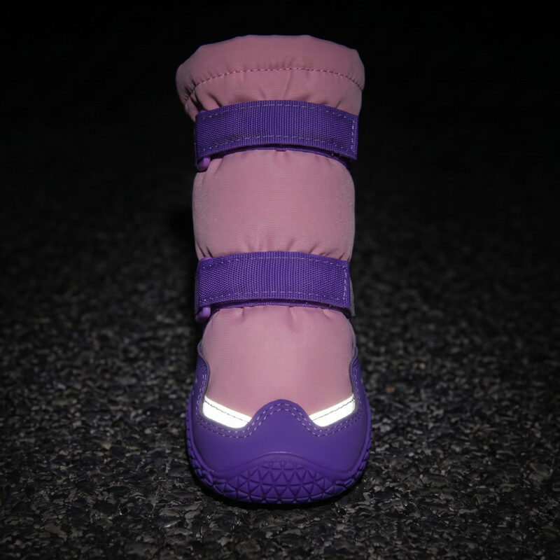 Waterproof Snow Dog Boots Night Safety Reflection Waterproof snow dog boots in pink and purple displaying the high-visibility retroreflective toe stripe under night light.