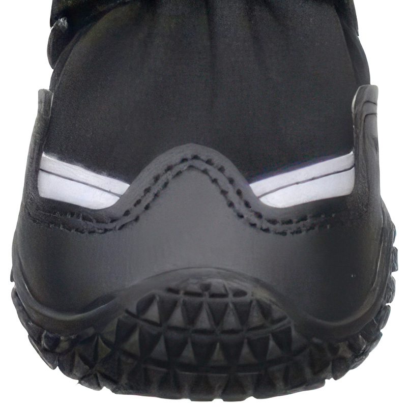 Integrated PU anti-collision toe cap on waterproof snow dog boots featuring a bright reflective stripe.