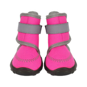 Wide Opening Outdoor Boots Fuchsia Pink Set Front view of wide opening outdoor boots in fuchsia pink showing secure hook-and-loop closure bands for paw safety.