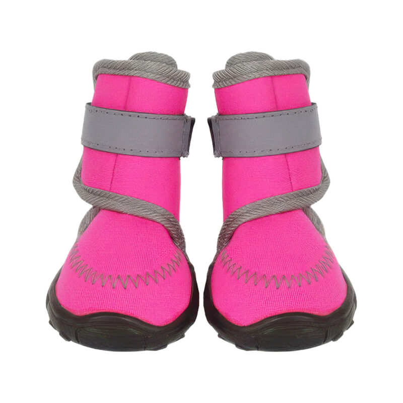 Wide Opening Outdoor Boots Fuchsia Pink Set Front view of wide opening outdoor boots in fuchsia pink showing secure hook-and-loop closure bands for paw safety.