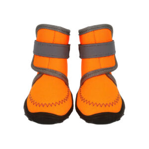 Wide Opening Outdoor Boots Tangerine Orange Front View Front view of wide opening outdoor boots in tangerine orange displaying neat toe stitching and double reflective straps.