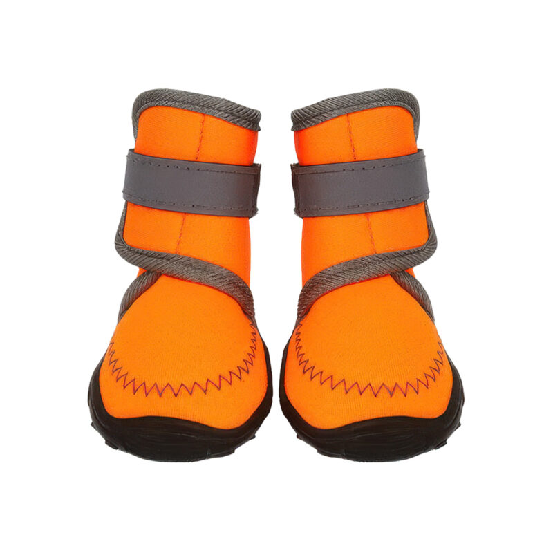 Wide Opening Outdoor Boots Tangerine Orange Front View Front view of wide opening outdoor boots in tangerine orange displaying neat toe stitching and double reflective straps.