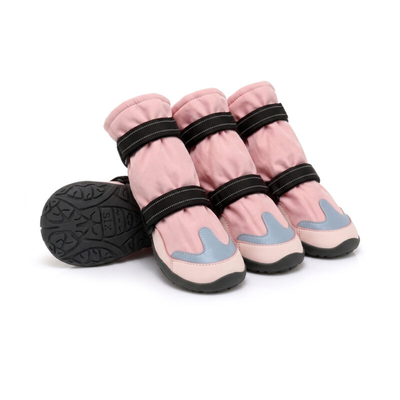 Winter Outdoor Dog Boots Blush Pink Set Winter outdoor dog boots in blush pink displaying double velcro adjustment straps and gray protective toe caps.