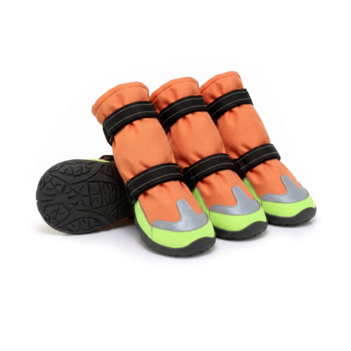 Winter outdoor dog boots in tangerine orange showing four tall-shaft booties with gray anti-slip rubber outsoles.