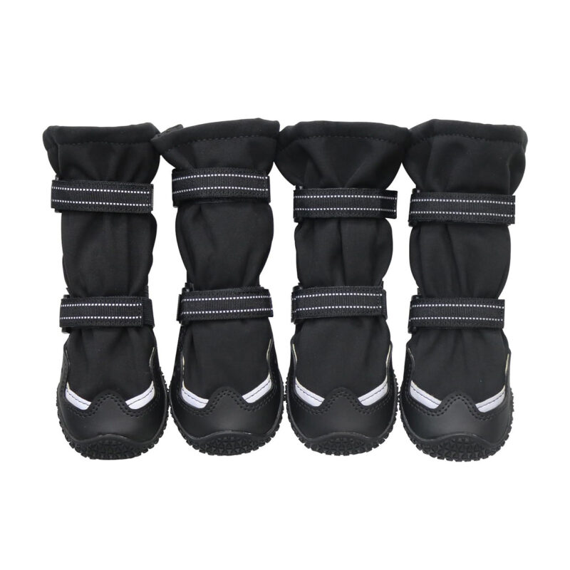 Winter-Warm Dog Boots Stealth Black Front View Four stealth black winter-warm dog boots displaying a high-shaft chassis and integrated protective anti-collision toe caps.