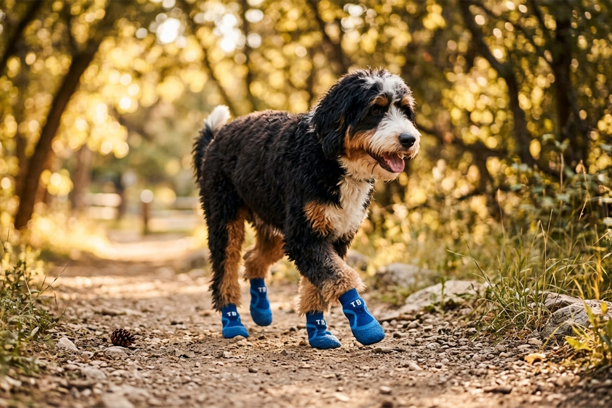 A fluffy Bedlington Terrier walking on a gravel trail wearing royal blue winter warm dog socks.