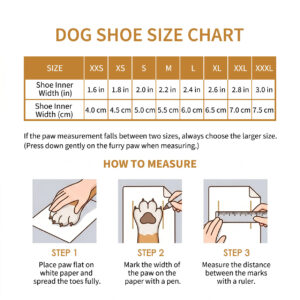 Winter-Warm Snow Waterproof Dog Boots Size Chart Paw measurement guide, how to measure, and sizing chart for winter-warm snow waterproof dog boots.