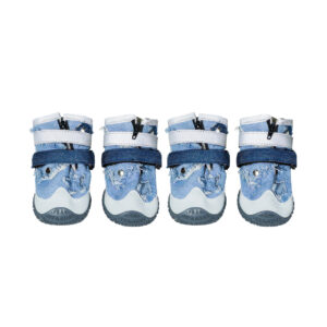 Four Pack Front Alignment Showcasing Protective PU Toe Armor Symmetrical front view of four zipper and velcro dog shoes in denim blue detailing the white scuff resistant PU toe boxes.
