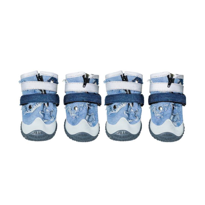 Four Pack Front Alignment Showcasing Protective PU Toe Armor Symmetrical front view of four zipper and velcro dog shoes in denim blue detailing the white scuff resistant PU toe boxes.