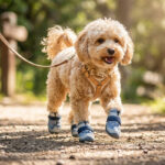 Light brown poodle walking on a gravel trail with a harness wearing denim zipper and velcro dog shoes.