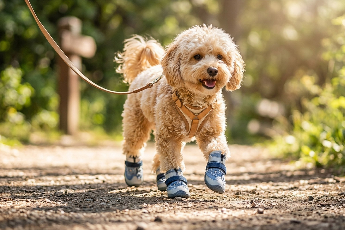Light brown poodle walking on a gravel trail with a harness wearing denim zipper and velcro dog shoes.
