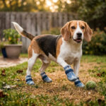 Active Beagle fetching a tennis ball on backyard lawn wearing denim blue zipper denim dog shoes.