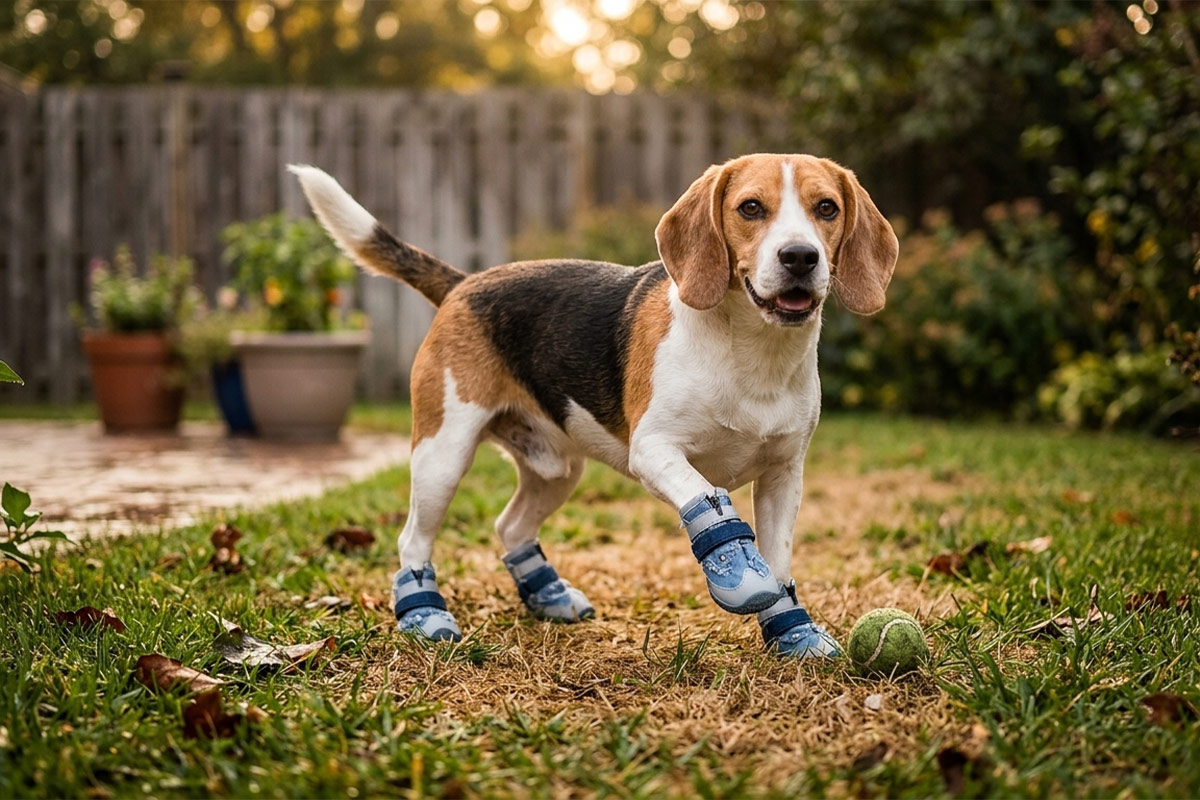 Active Beagle fetching a tennis ball on backyard lawn wearing denim blue zipper denim dog shoes.